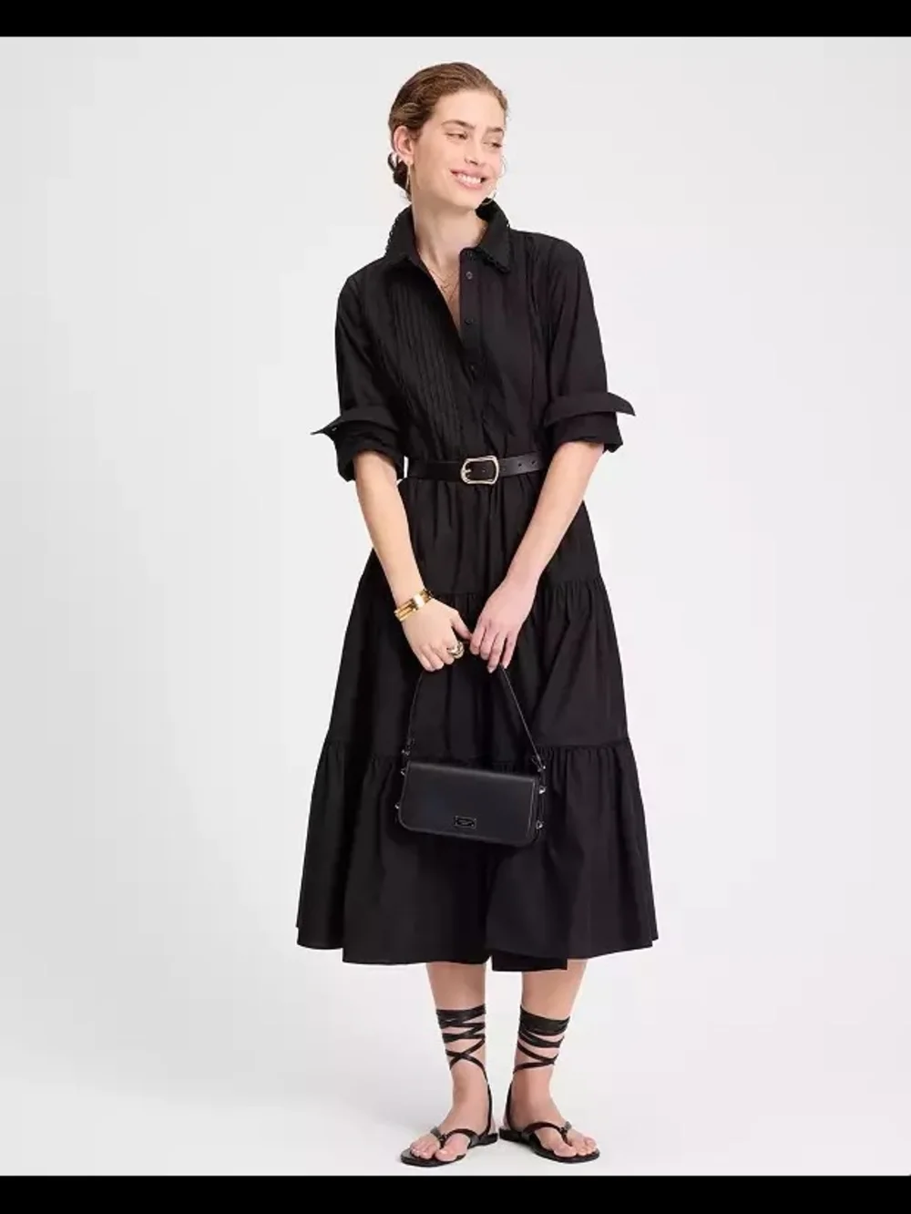 Kate Spade Pintucked Tiered Shirt Dress with Belt, Size 00